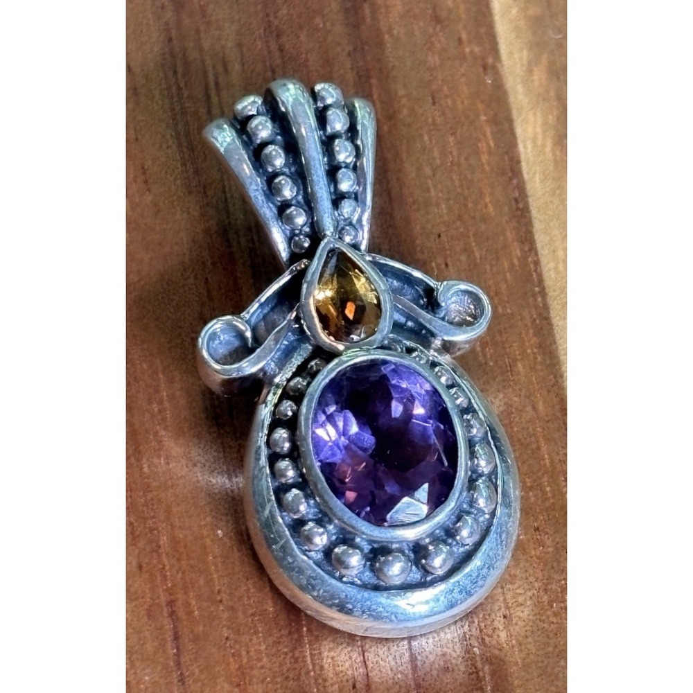 STERLING SILVER OVAL Amethyst & Pear Citrine Pendant Enhancer  1.25"